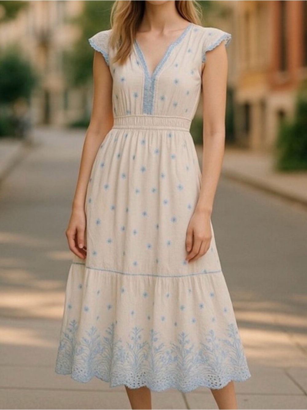 Rachel Zoe Cream Midi Dress with Light Blue Embroidery
